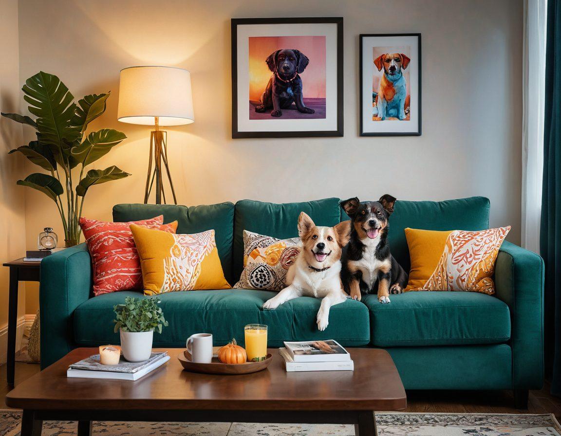 A cozy, inviting living room setting with soft lighting, a couple sitting on a couch and sharing a laugh while watching TV, colorful and cheerful decor, and a playful puppy at their feet. The atmosphere should exude warmth, happiness, and a sense of connection. super-realistic. vibrant colors.