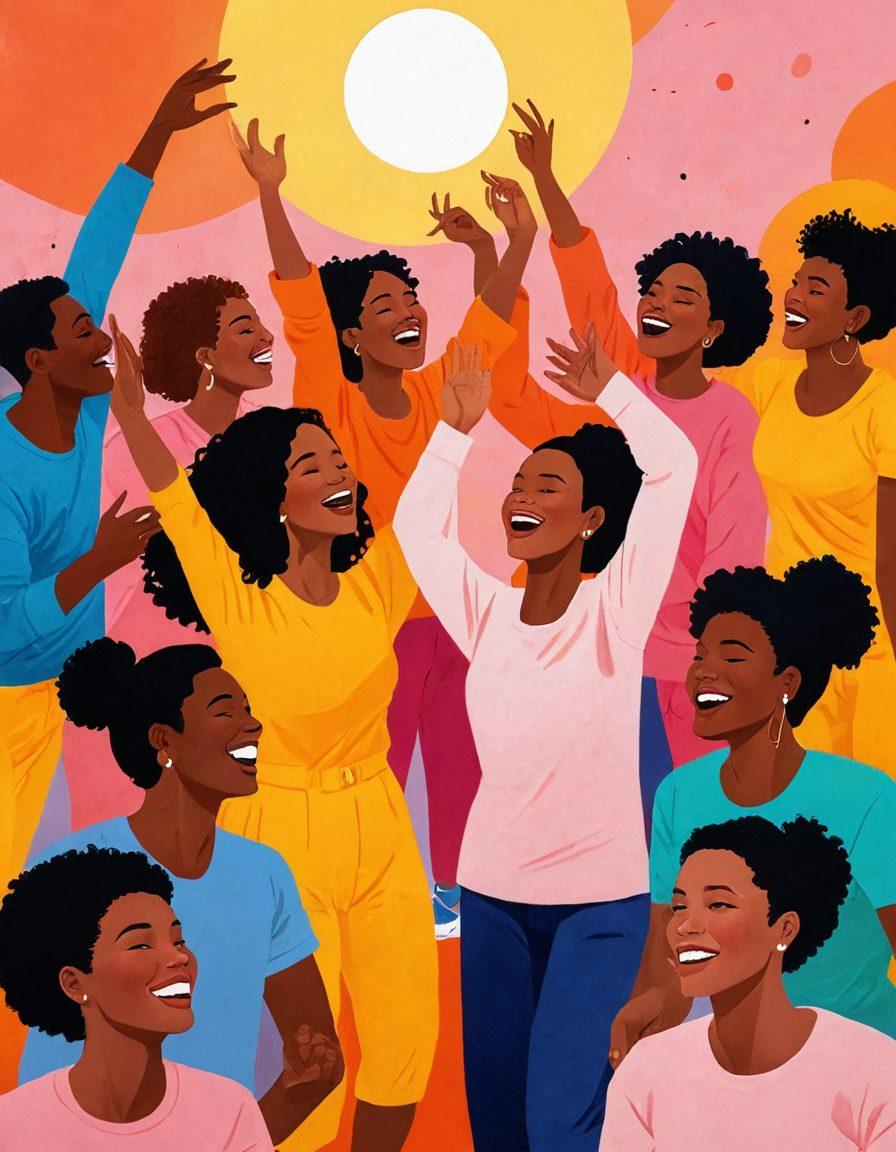 A cheerful, diverse group of people enjoying themselves, radiating happiness and positivity, surrounded by vibrant, abstract representations of adult content that feel playful and artistic. The atmosphere should exude joy, acceptance, and freedom. Try incorporating warm, inviting colors. digital painting. vibrant colors.