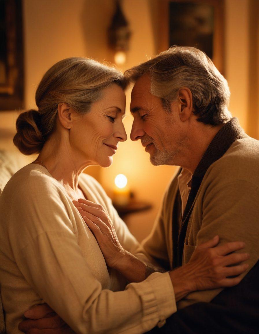 A serene, intimate setting featuring a mature couple sharing a tender, affectionate moment surrounded by soft candlelight and gentle hues. Subtle elements that hint at deeper emotional connection like intertwined fingers or loving gazes. The ambiance should evoke a sense of warmth, acceptance, and mutual respect. super-realistic. warm colors. soft focus.
